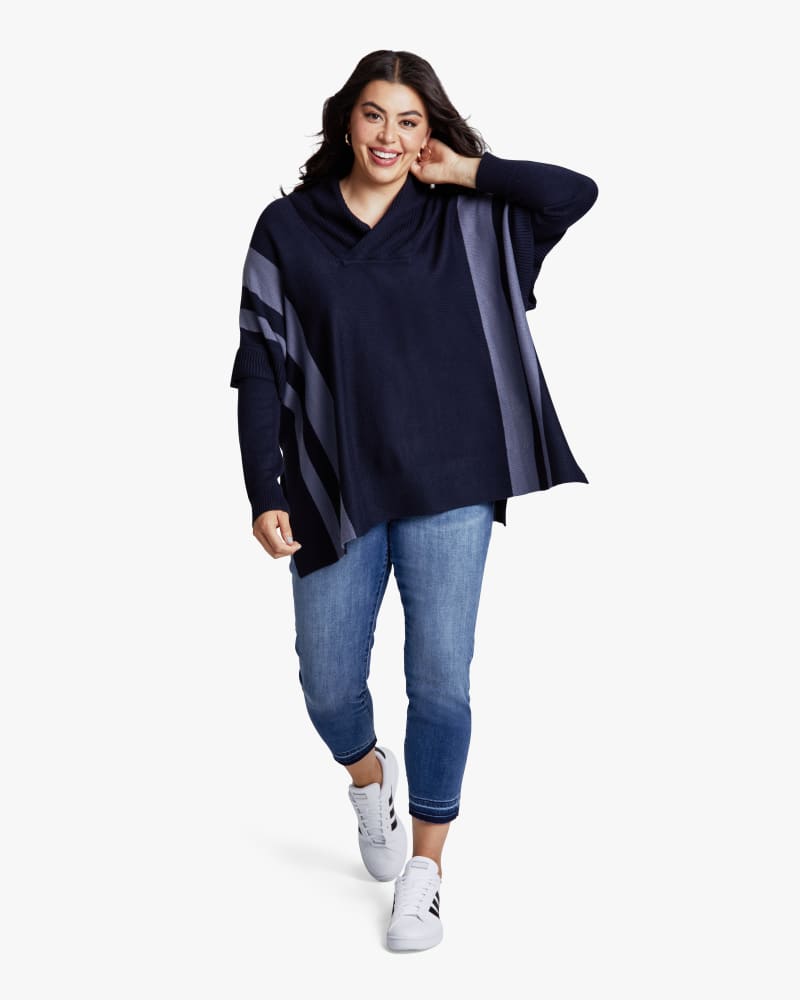 Plus size model with rectangle body shape wearing Willow Striped Hooded Poncho by Meri Skye | Dia&Co | dia_product_style_image_id:114270